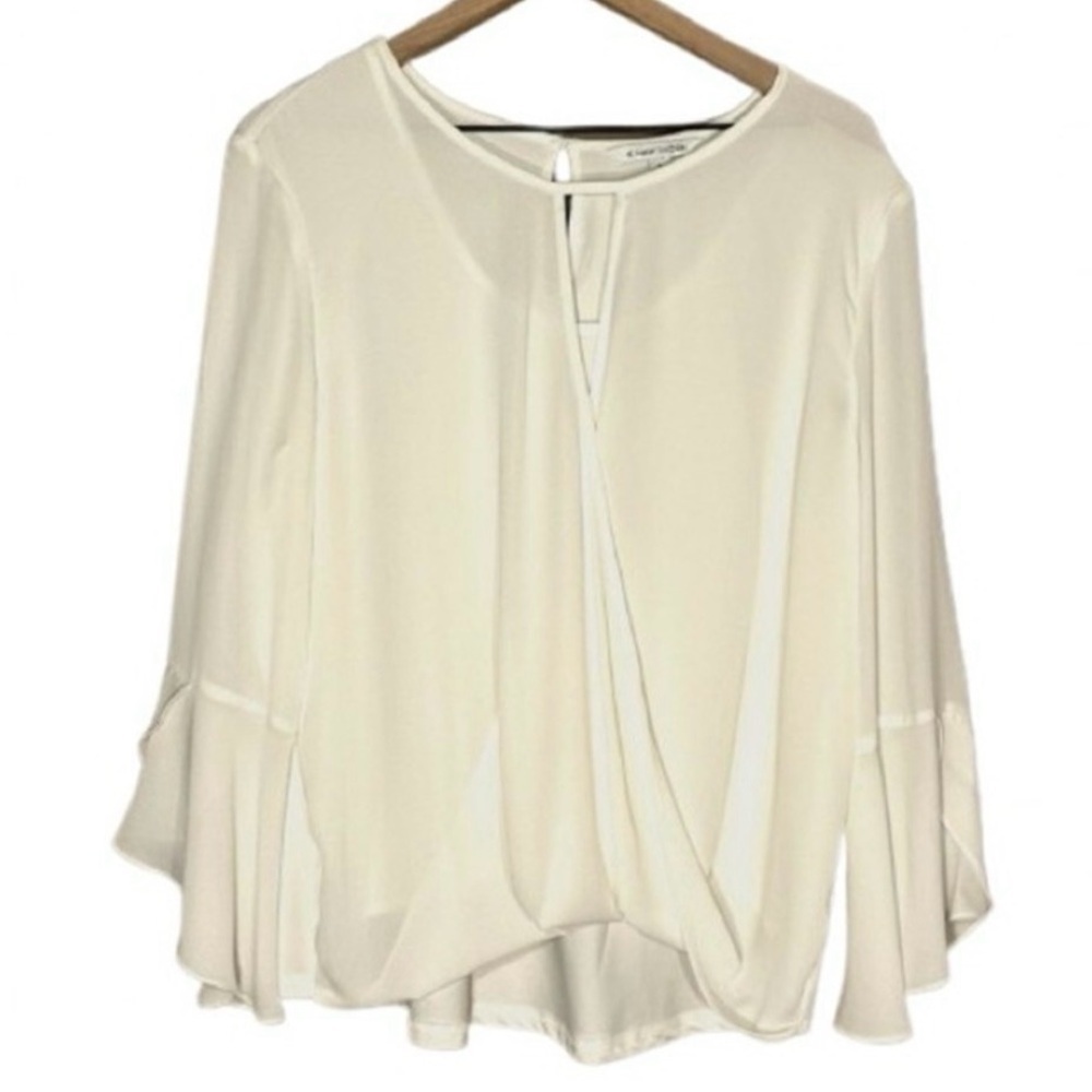 41 Hawthorn White Ivory Faux Wrap Surplice Bell Sleeve Blouse Top Large